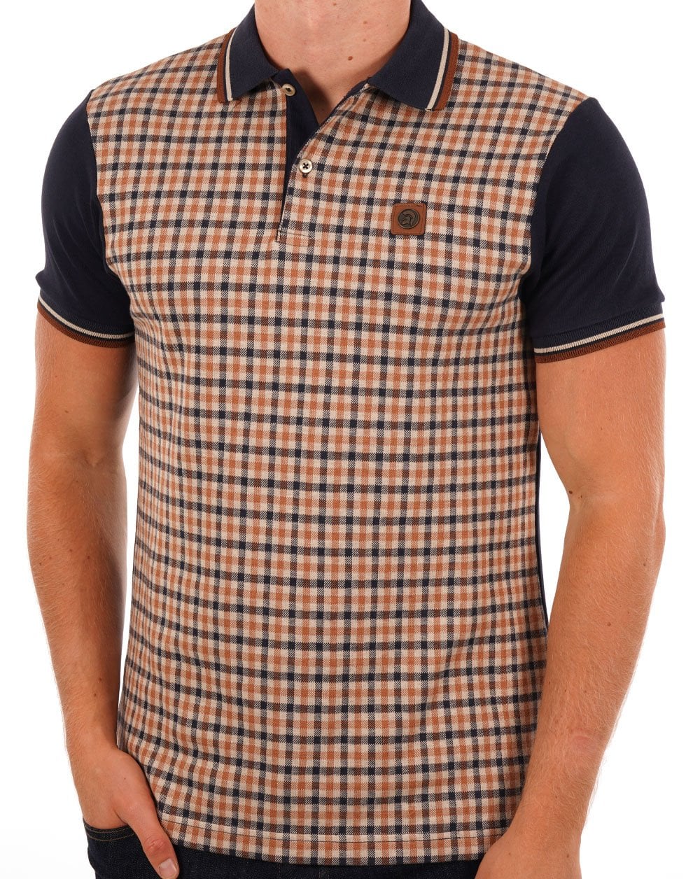 Trojan Gingham Check Panel Polo Navy