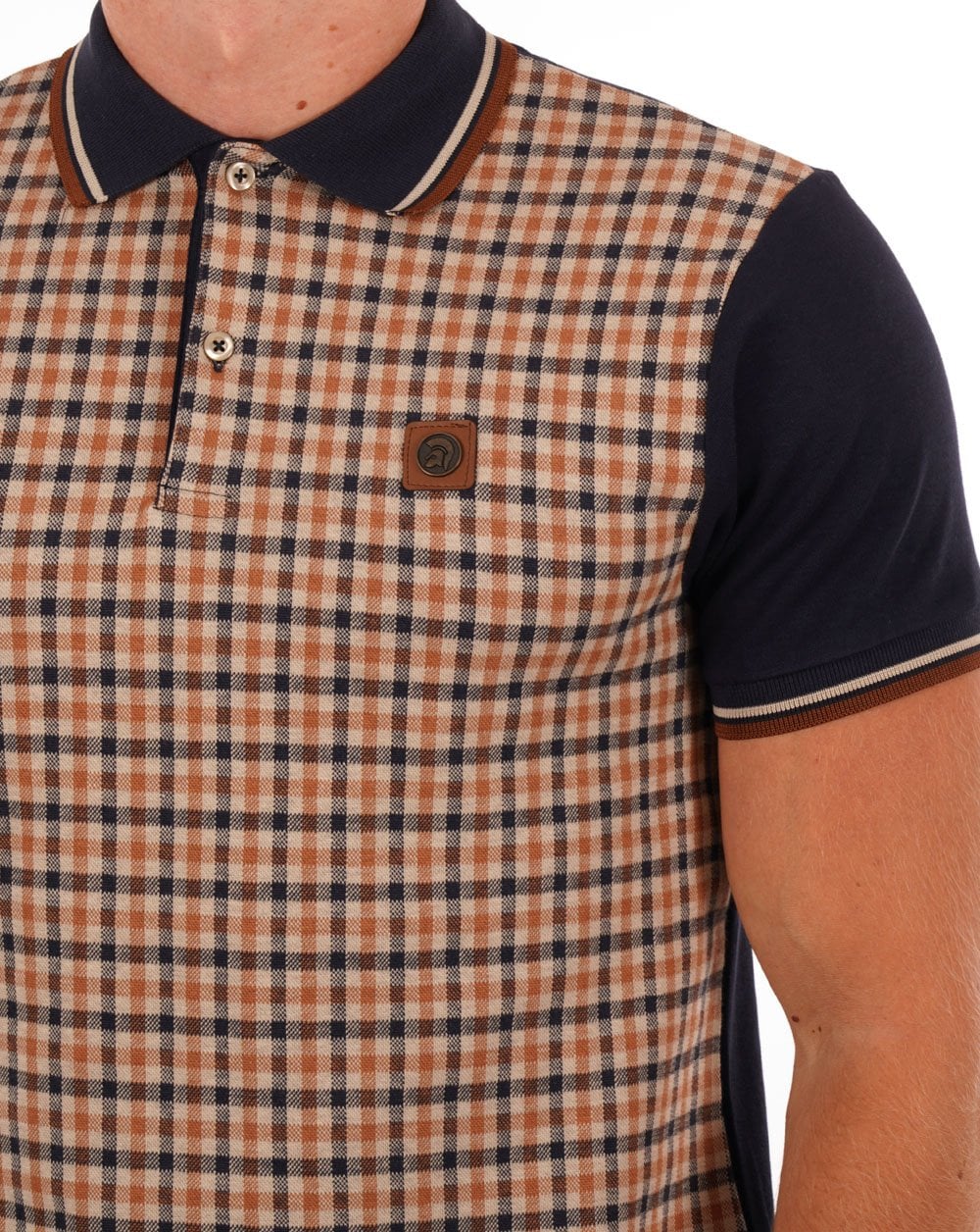 Trojan Gingham Check Panel Polo Navy