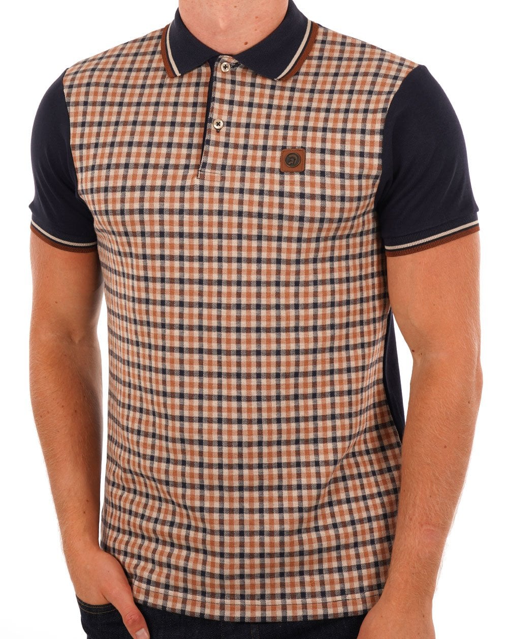 Trojan Gingham Check Panel Polo Navy