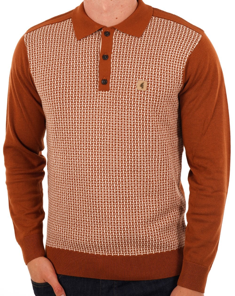 Gabicci Vintage Weaver LS Knit Polo Toffee