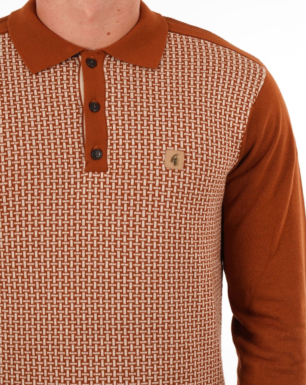 Gabicci Vintage Weaver LS Knit Polo Toffee