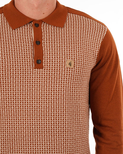 Gabicci Vintage Weaver LS Knit Polo Toffee