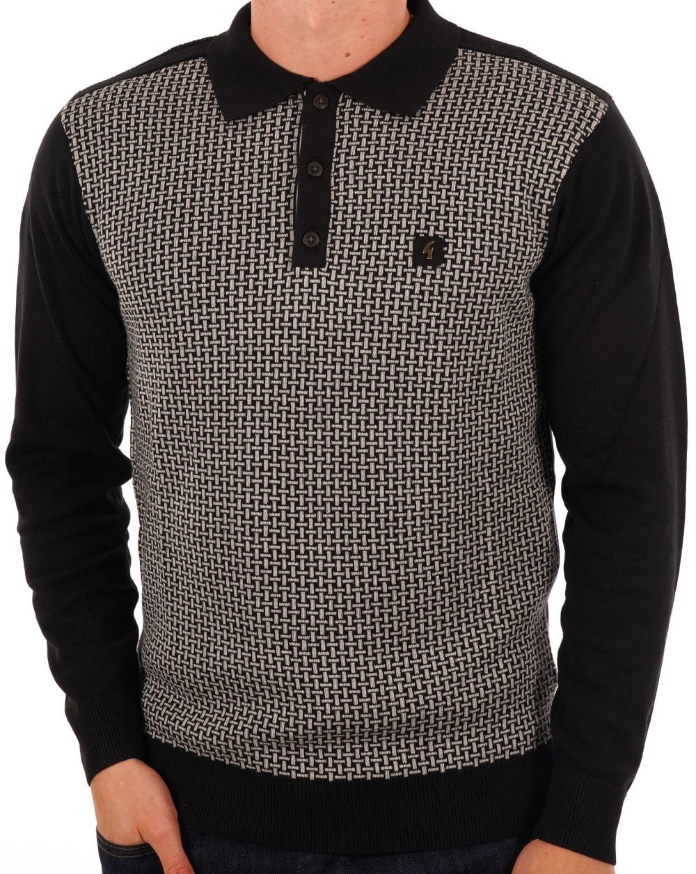 Gabicci Vintage Weaver LS Knit Polo Black