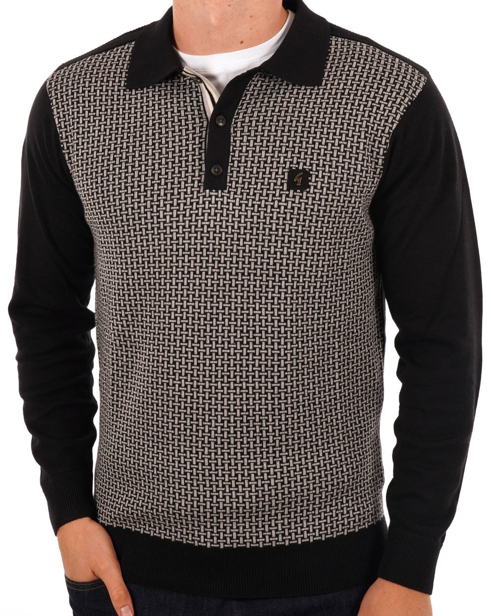 Gabicci Vintage Weaver LS Knit Polo Black