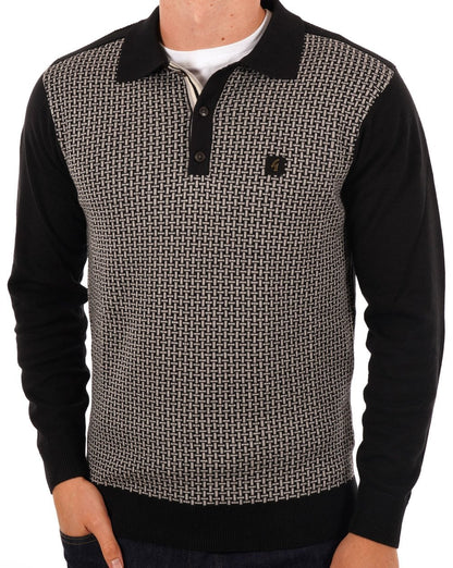 Gabicci Vintage Weaver LS Knit Polo Black