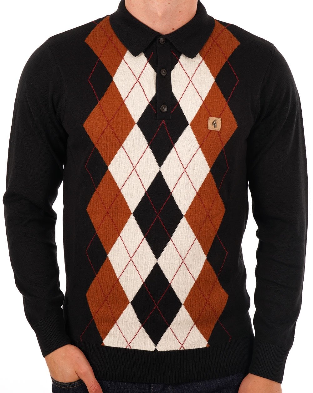 Gabicci Vintage Diamond Knit Polo Black Toffee