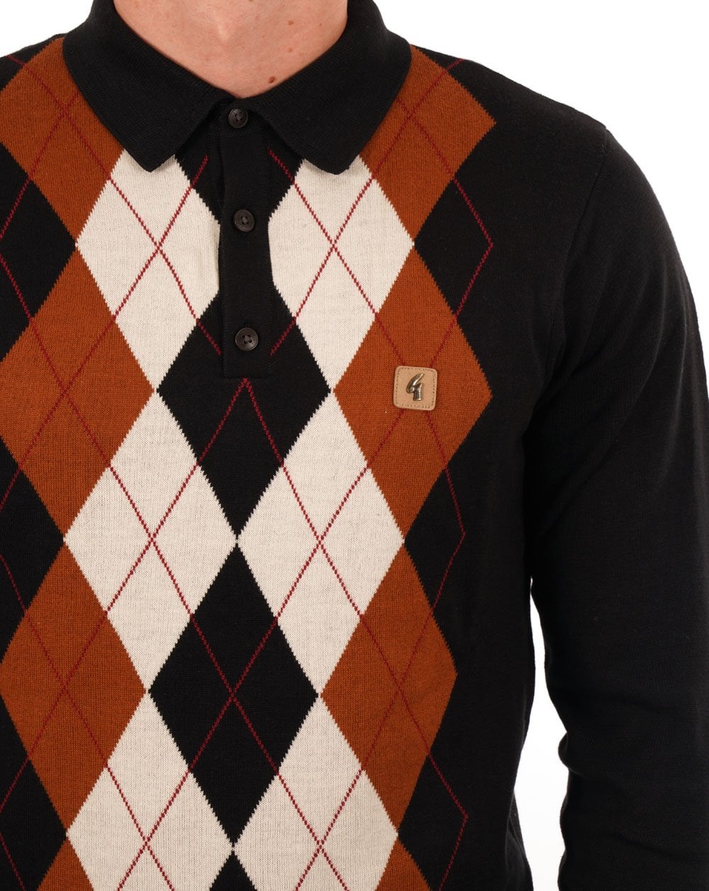 Gabicci Vintage Diamond Knit Polo Black Toffee