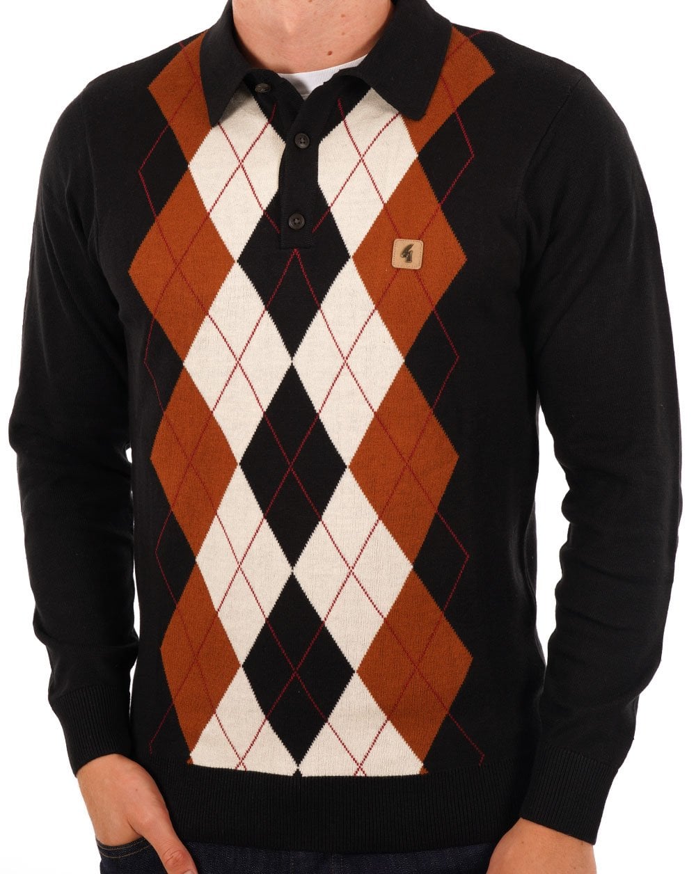 Gabicci Vintage Diamond Knit Polo Black Toffee