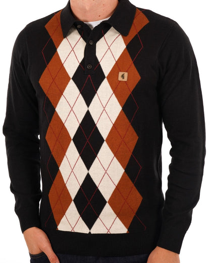 Gabicci Vintage Diamond Knit Polo Black Toffee