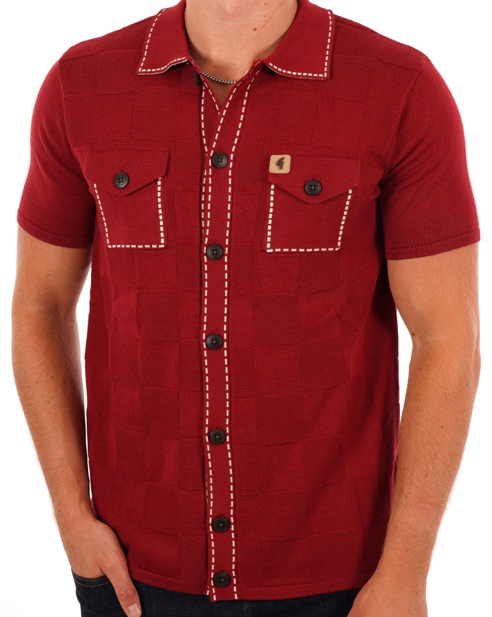 Gabicci Vintage Full Button Polo Dark Red