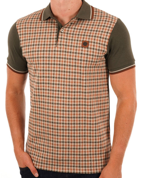 Trojan Gingham Check Panel Polo Army Green