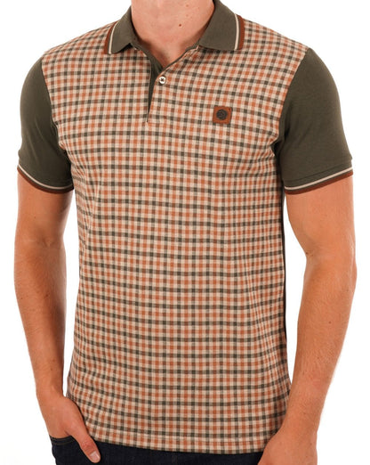 Trojan Gingham Check Panel Polo Army Green