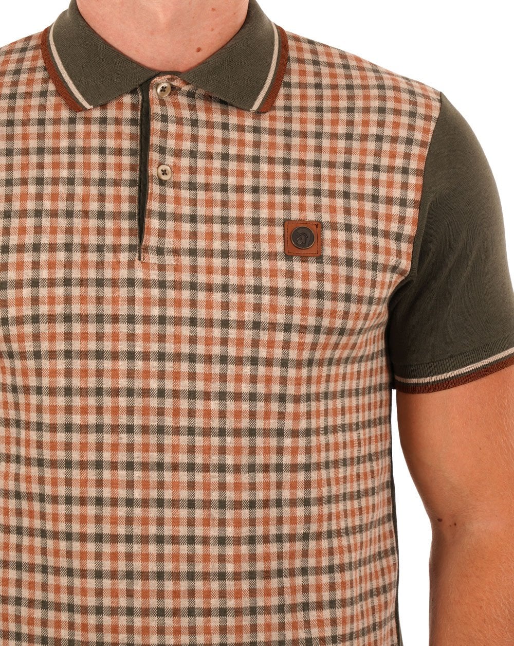 Trojan Gingham Check Panel Polo Army Green