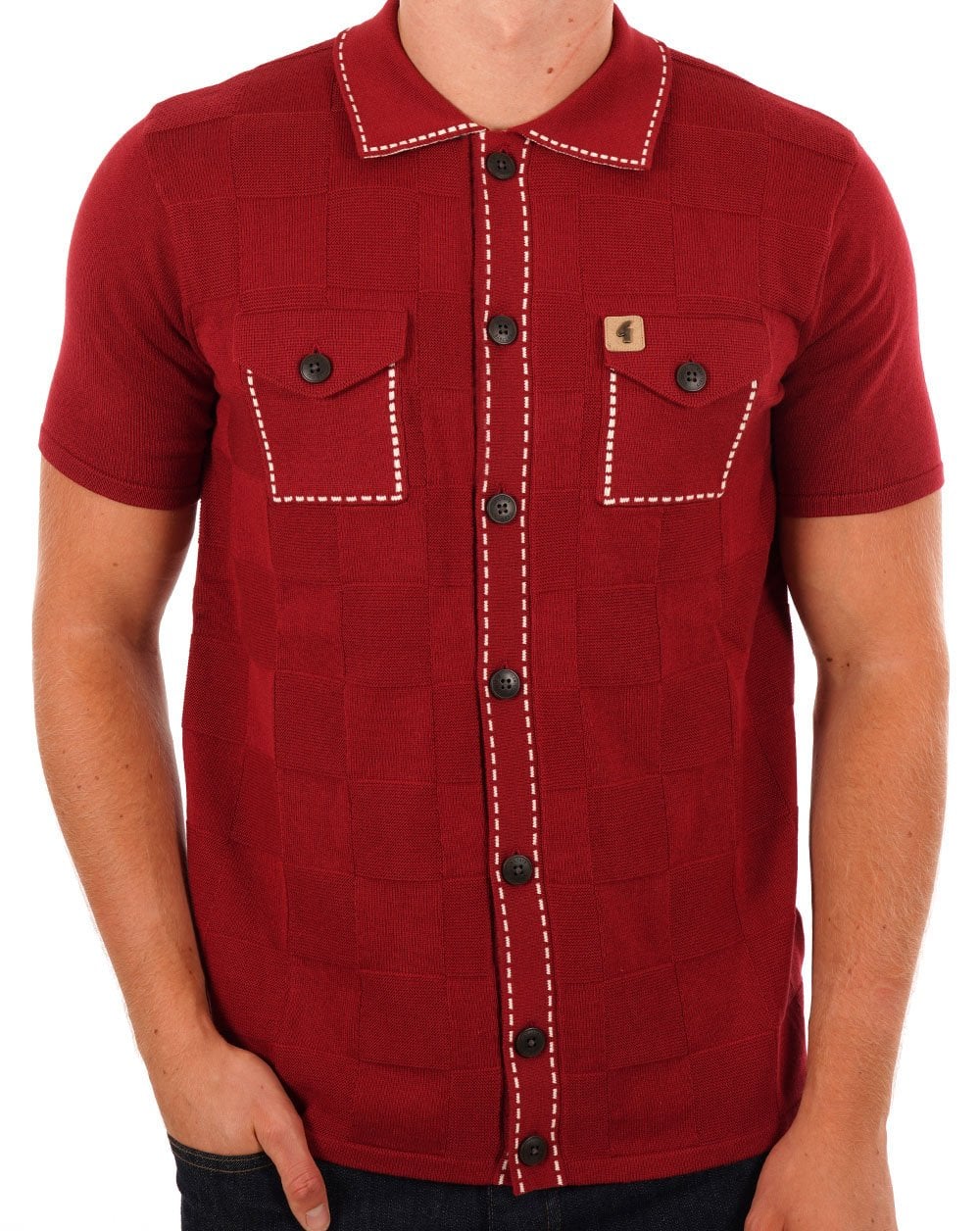 Gabicci Vintage Full Button Polo Dark Red