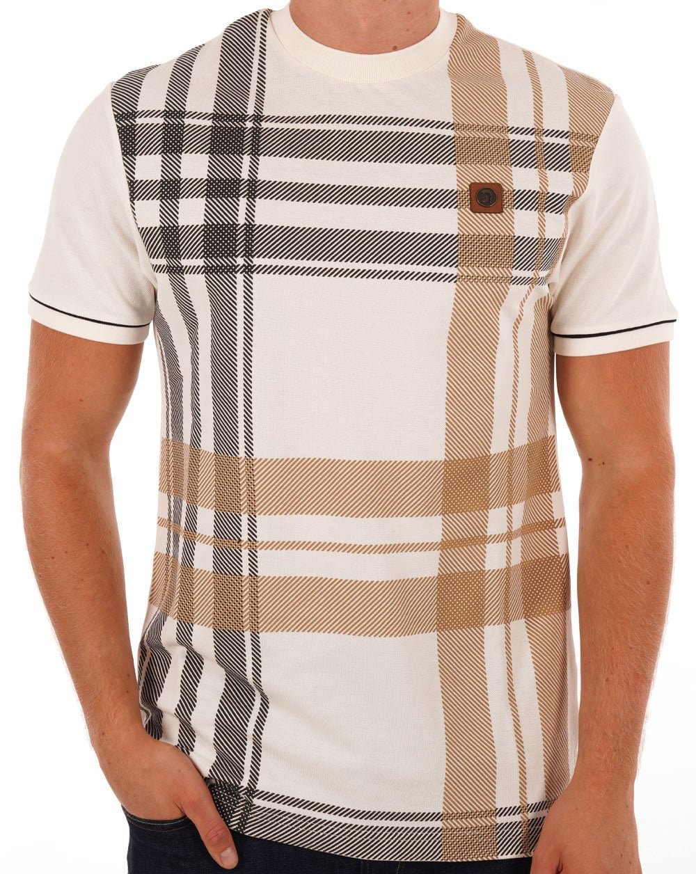 Trojan Check Panel T-shirt Ecru
