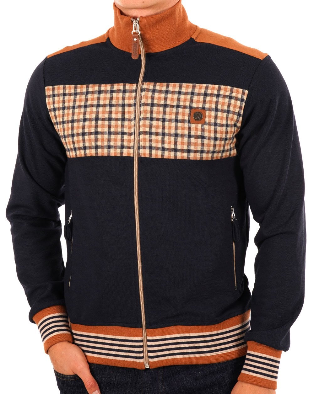 Trojan Gingham Check Panel Track Top Navy
