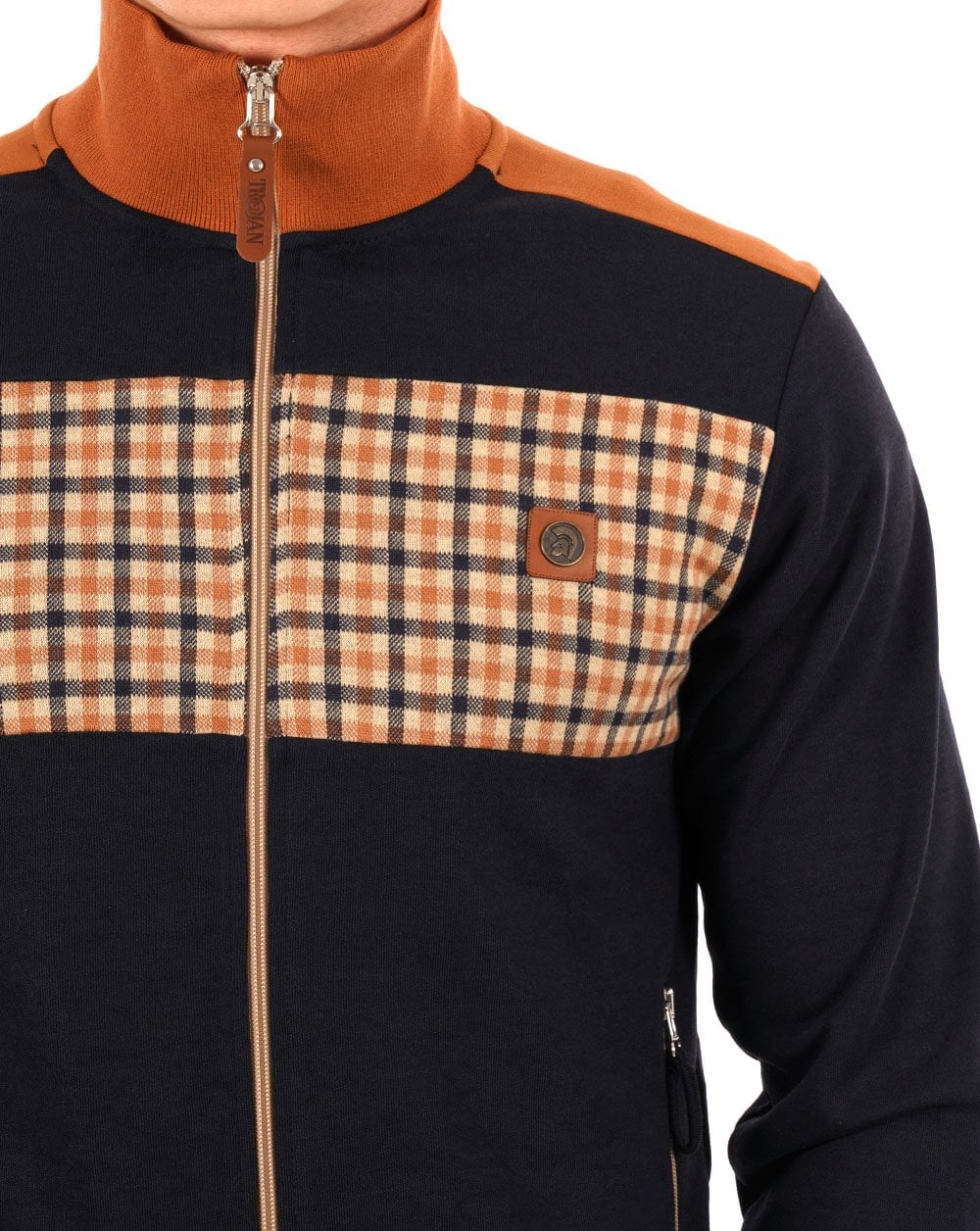 Trojan Gingham Check Panel Track Top Navy