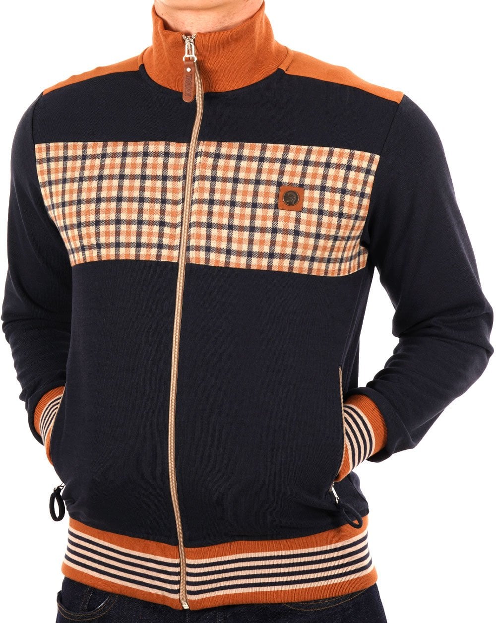 Trojan Gingham Check Panel Track Top Navy