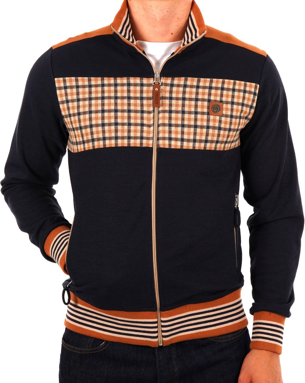 Trojan Gingham Check Panel Track Top Navy