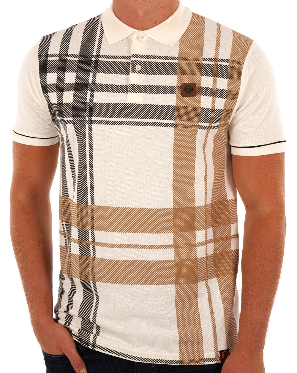 Trojan Check Panel Polo Shirt Ecru