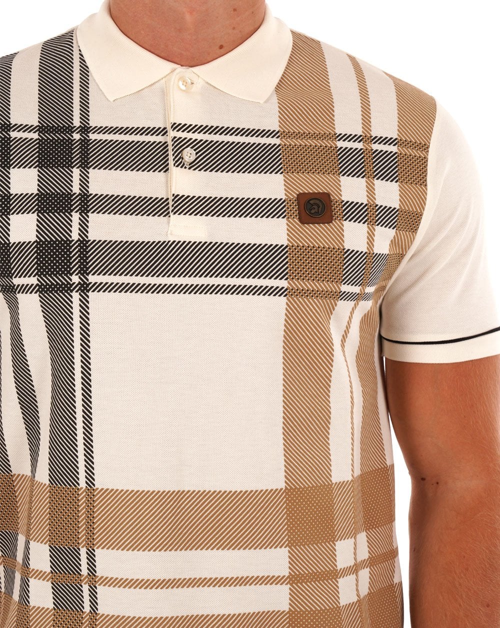 Trojan Check Panel Polo Shirt Ecru