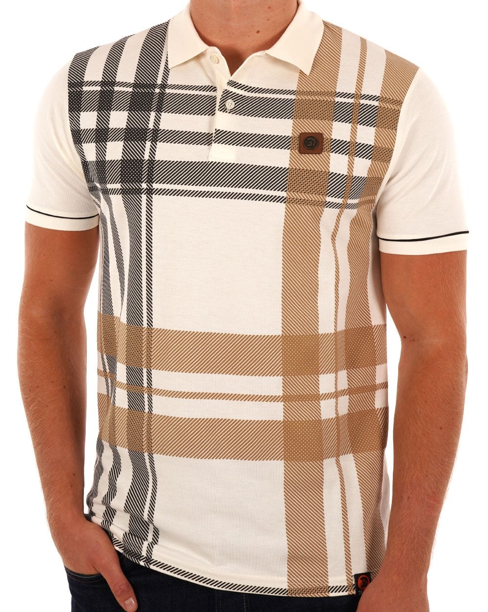 Trojan Check Panel Polo Shirt Ecru