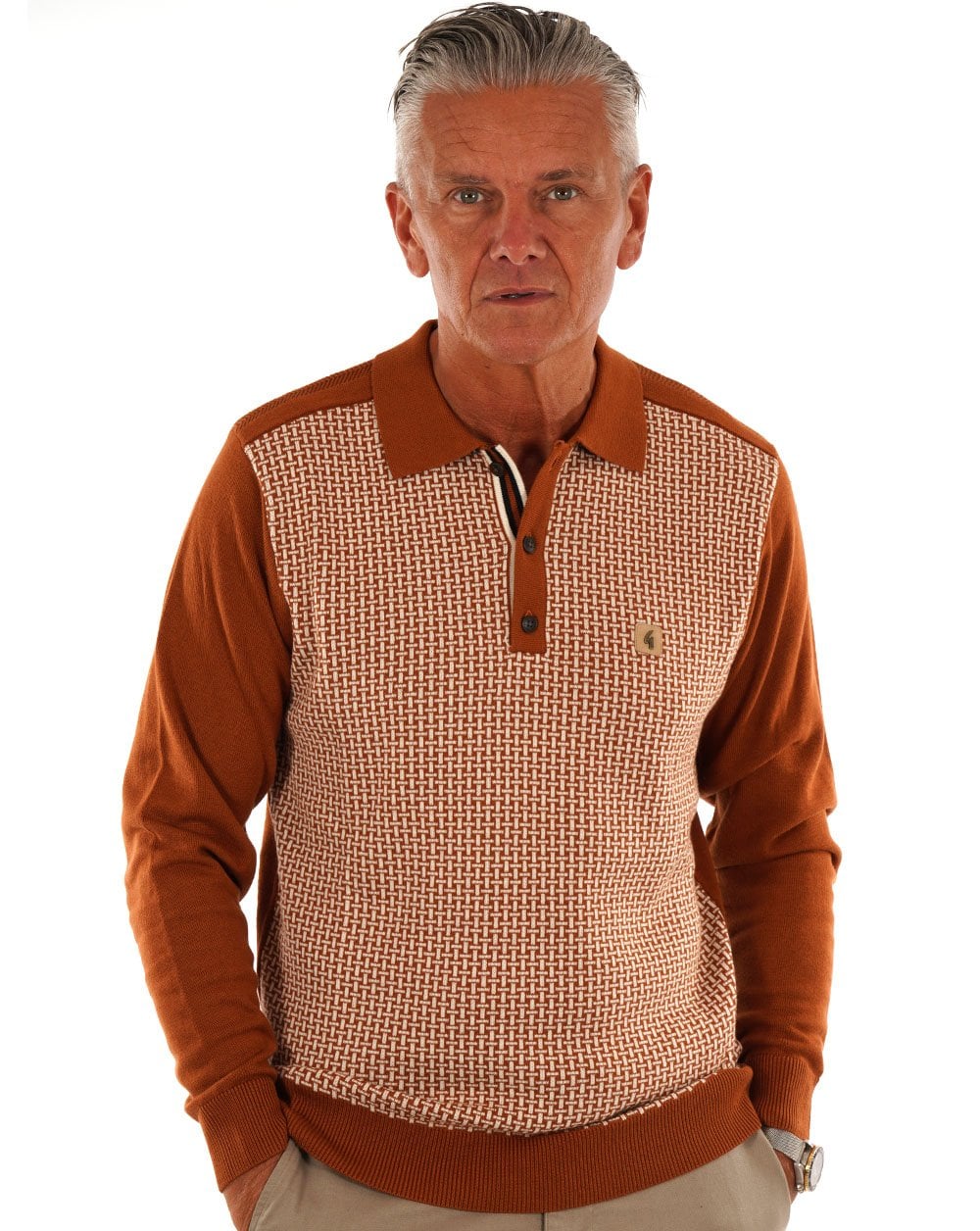 Gabicci Vintage Weaver LS Knit Polo Toffee