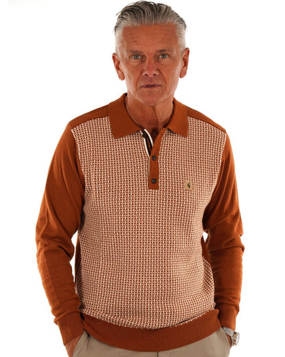 Gabicci Vintage Weaver LS Knit Polo Toffee