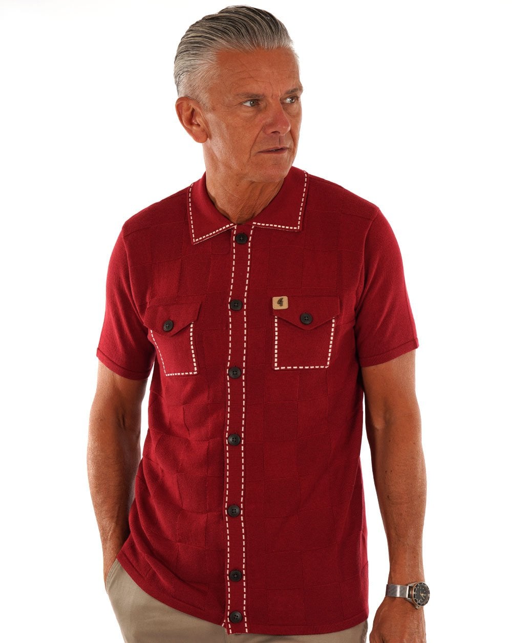 Gabicci Vintage Full Button Polo Dark Red