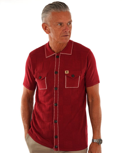 Gabicci Vintage Full Button Polo Dark Red