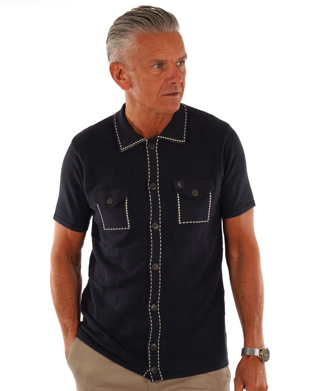 Gabicci Vintage Full Button Polo Navy