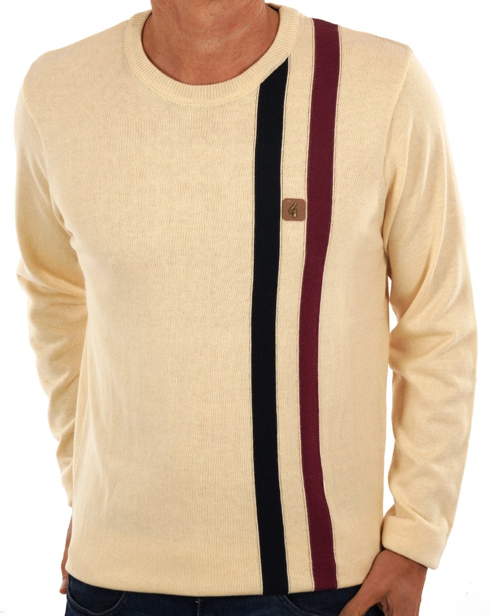 Gabicci Vintage Twin Stripe Crew Neck Knit Cream