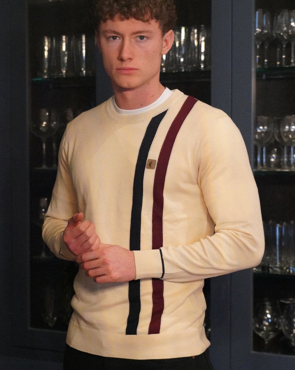 Gabicci Vintage Twin Stripe Crew Neck Knit Cream