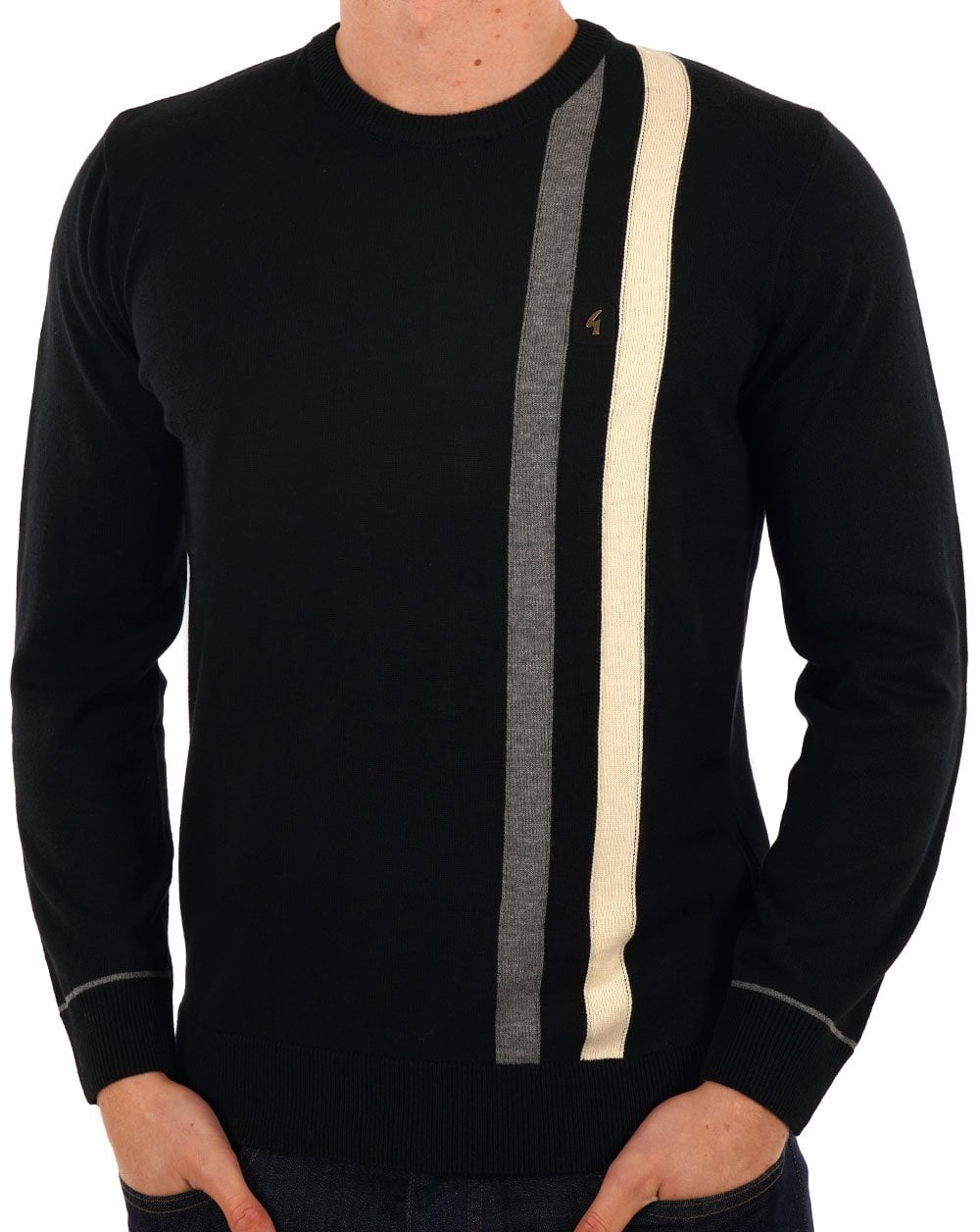 Gabicci Vintage Twin Stripe Crew Neck Knit Black