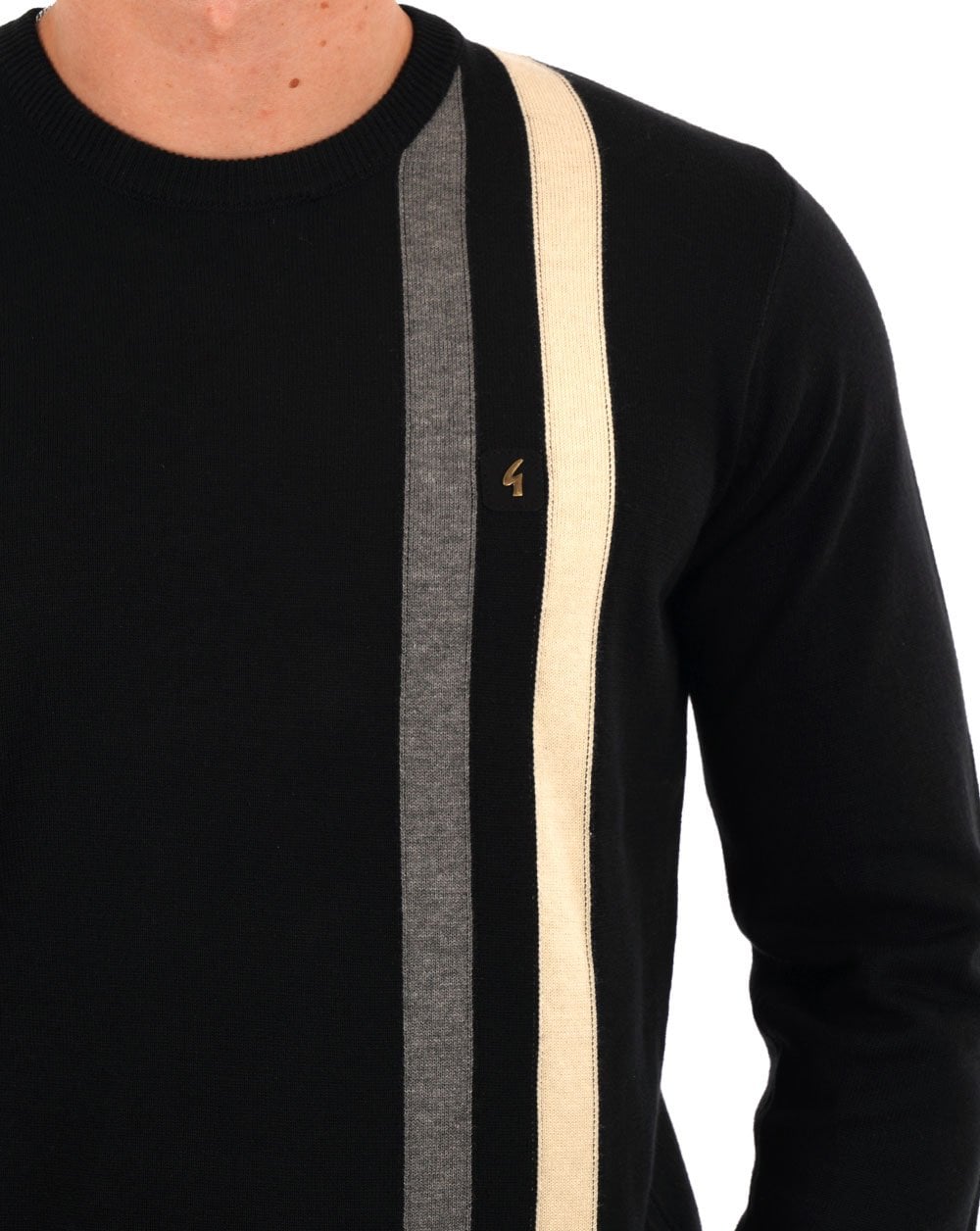 Gabicci Vintage Twin Stripe Crew Neck Knit Black