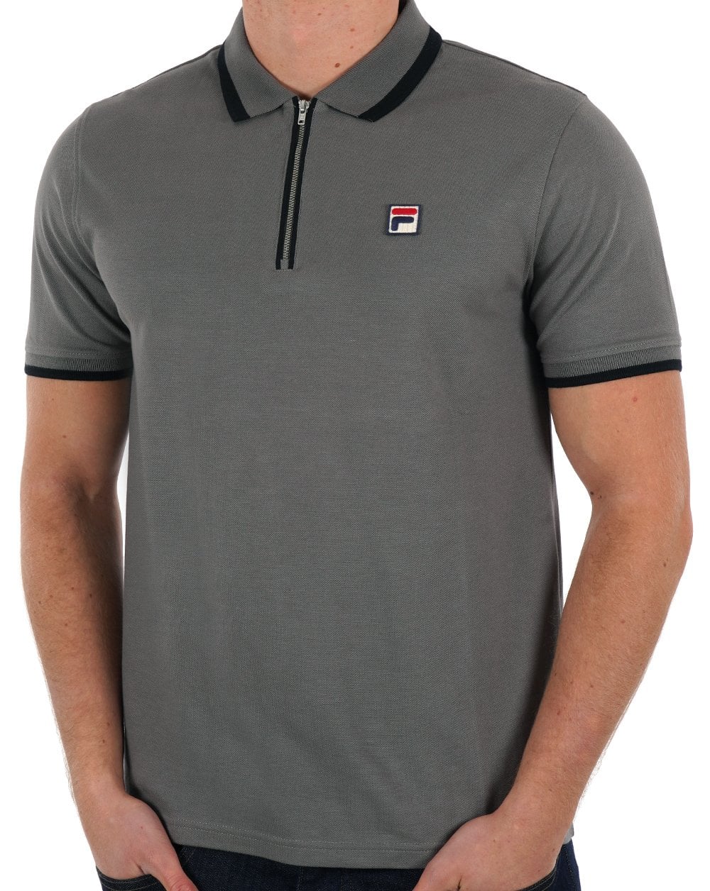 Fila Vintage Tipped Zip Polo Shirt Grey Black