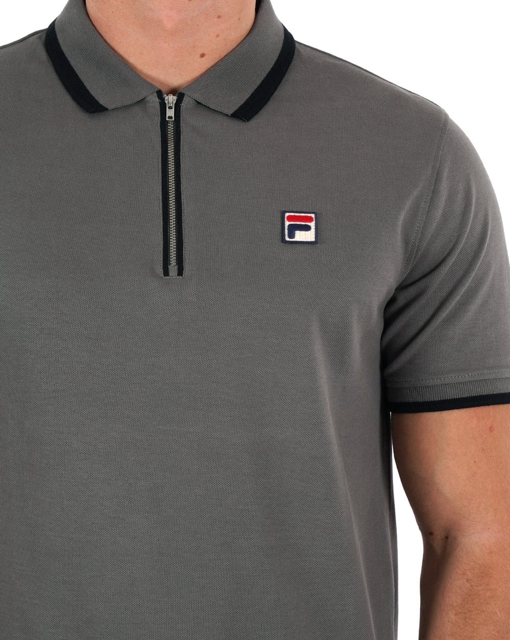 Fila Vintage Tipped Zip Polo Shirt Grey Black