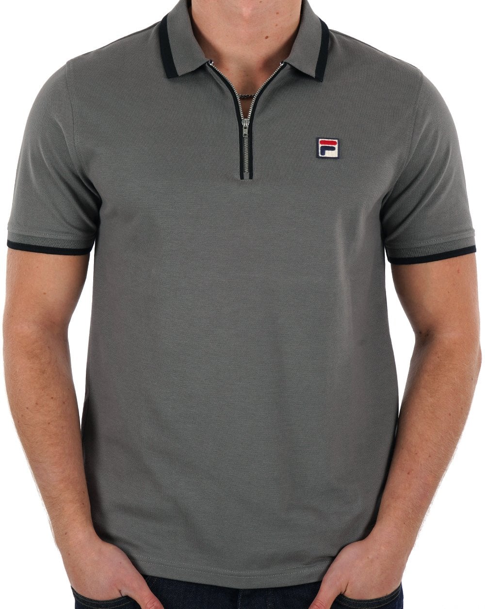 Fila Vintage Tipped Zip Polo Shirt Grey Black