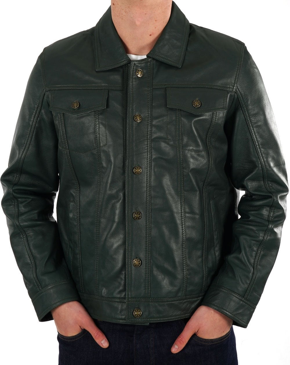 Real Hoxton Leather Trucker Jacket Green