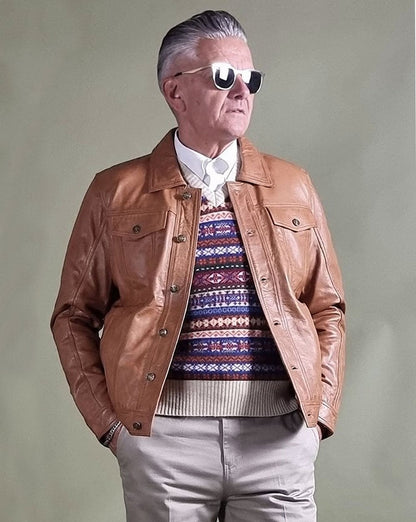 Real Hoxton Leather Trucker Jacket Tan