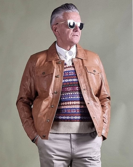 REAL HOXTON Real Hoxton Leather Trucker Jacket Tan