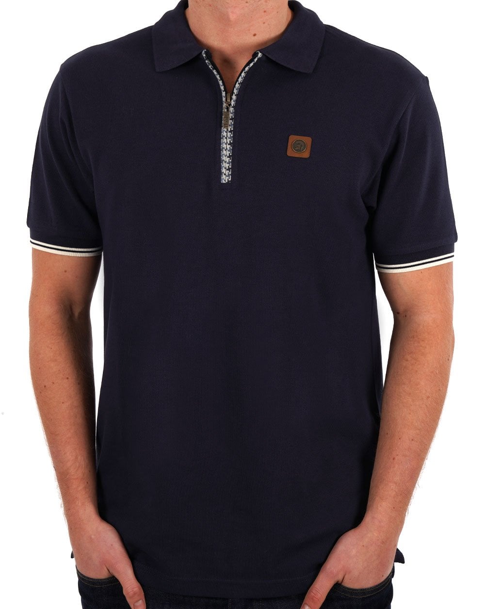 Trojan Houndstooth Trim Zip Pique Polo Navy