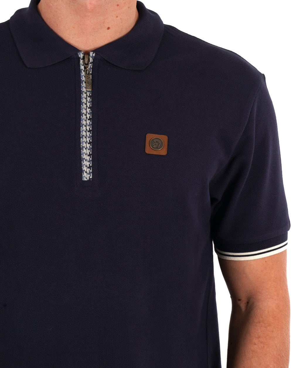 Trojan Houndstooth Trim Zip Pique Polo Navy