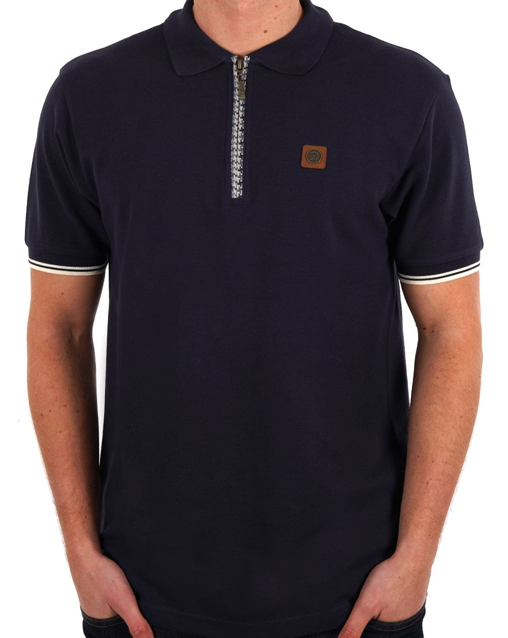 Trojan Houndstooth Trim Zip Pique Polo Navy