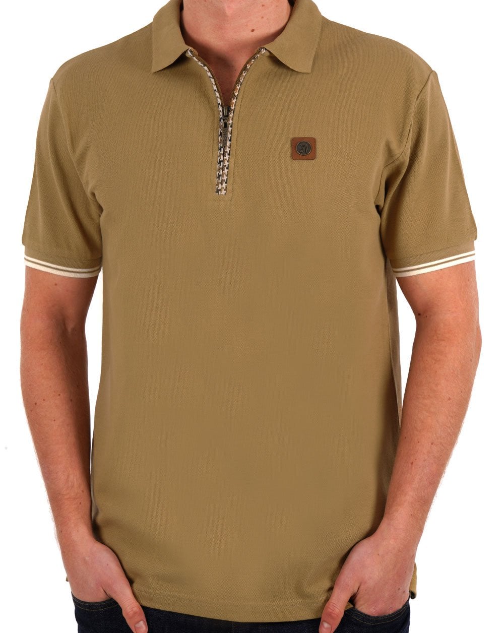 Trojan Houndstooth Zip Polo Camel
