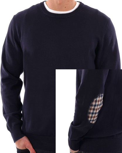 Aquascutum Check Elbow Patch Knit Jumper Navy