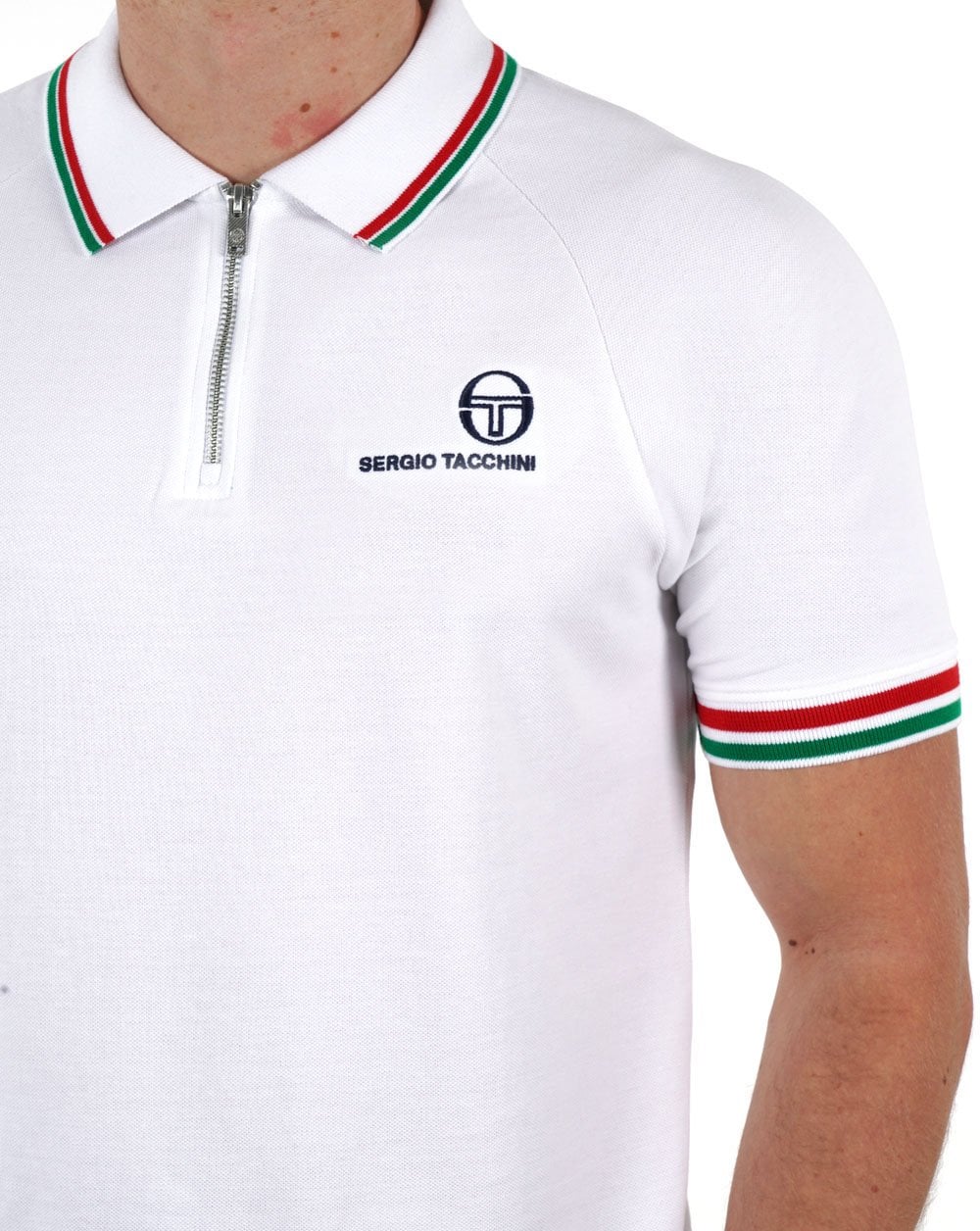 Sergio Tacchini Tipped Zip Polo Shirt White Green Red