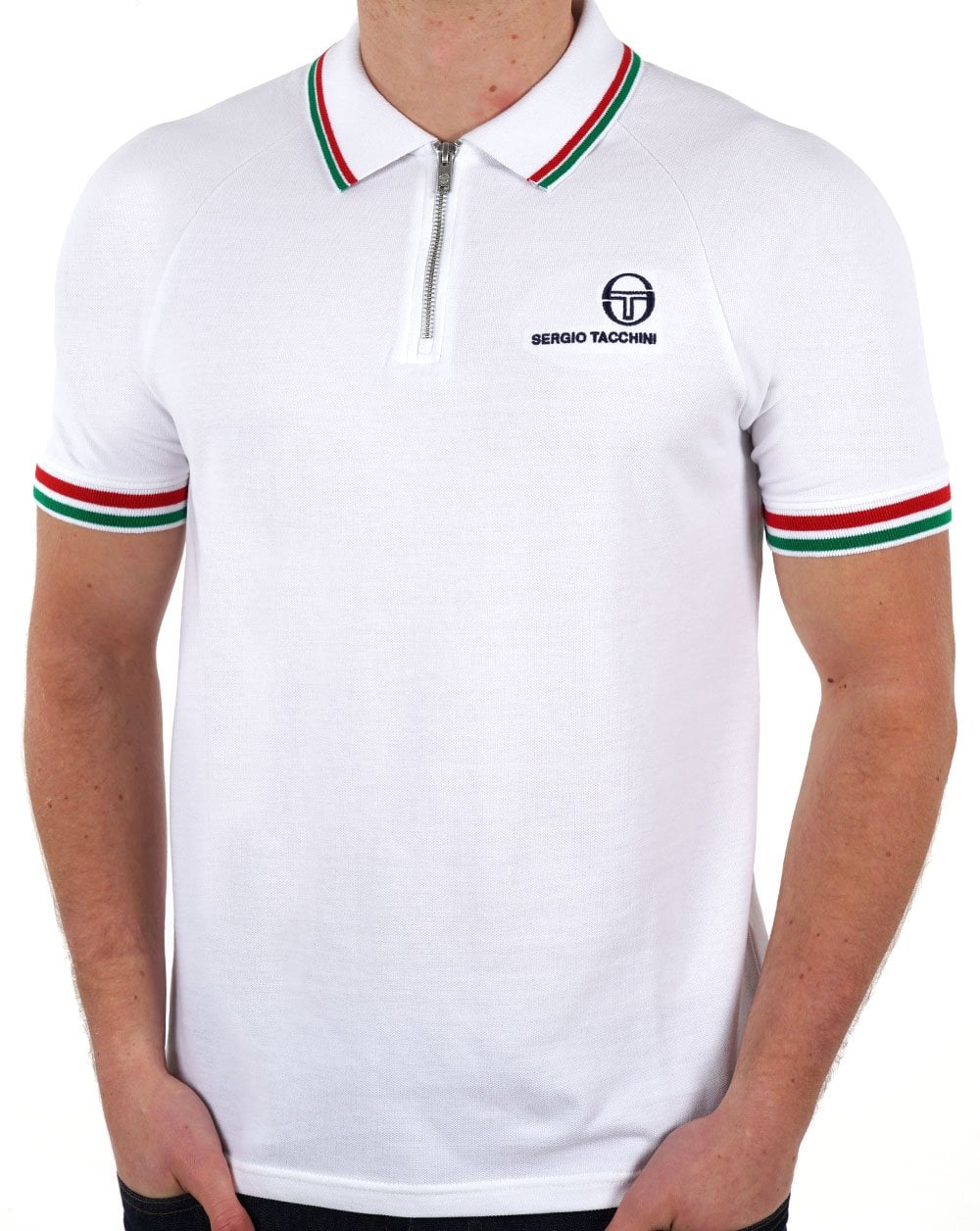 Sergio Tacchini Tipped Zip Polo Shirt White Green Red