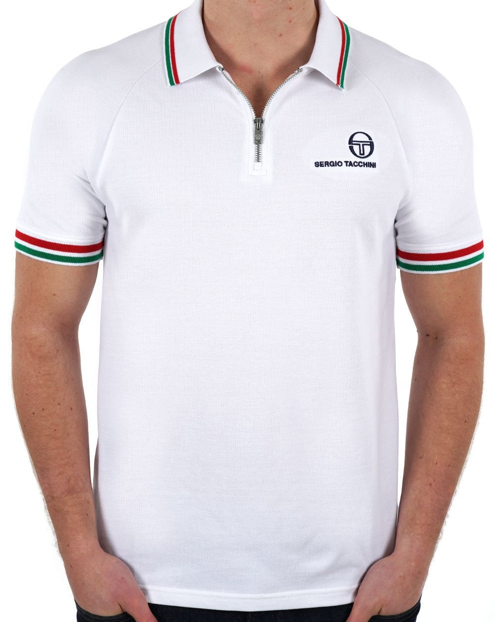 Sergio Tacchini Tipped Zip Polo Shirt White Green Red