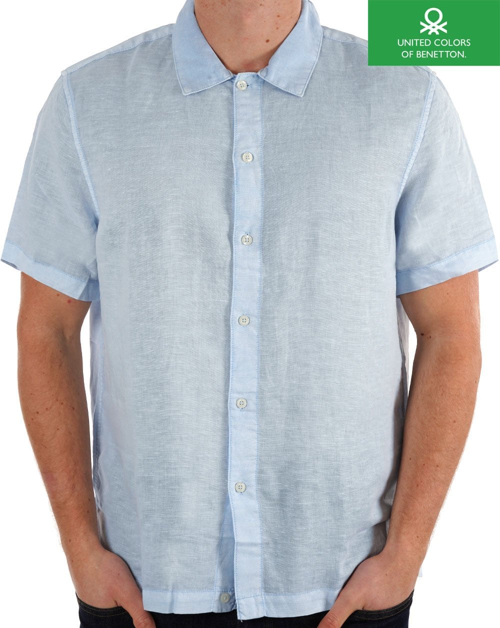 Benetton Linen Blend Short Sleeve Shirt Sky